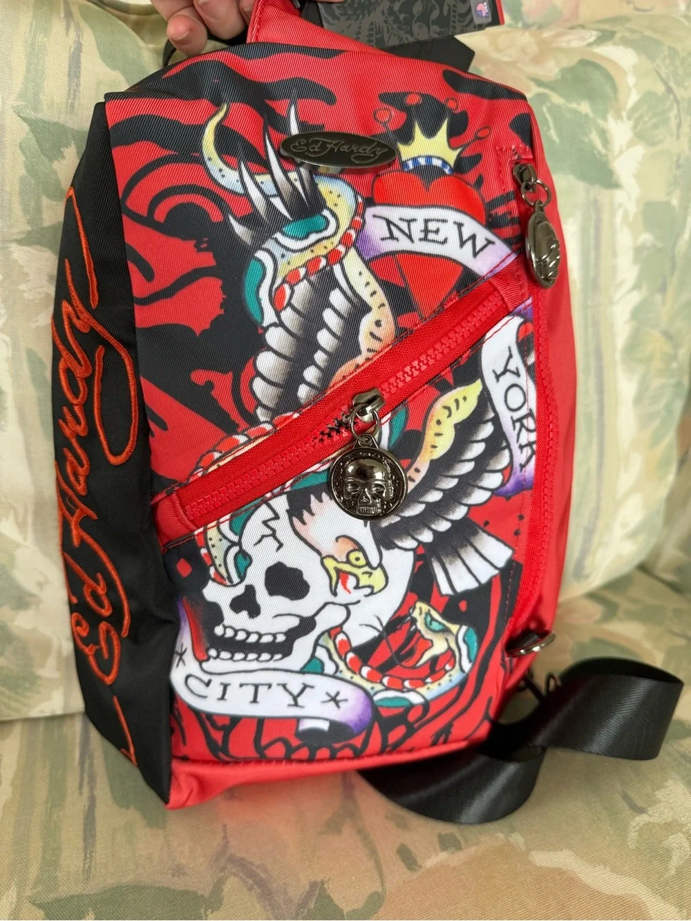 Ed Hardy Skull Eagle Sling Bag Red Heart Crossbody Backpack New With Tags